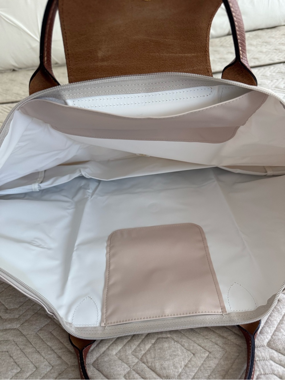 Longchamp Le Pliage Large Top Handle Cream Tote with Brown Leather Trim - Picture 8 of 9
